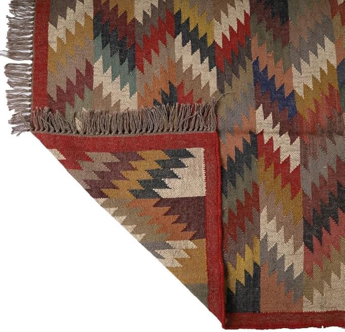 Handwoven Kilim Wool Jute Rug Geometric Pattern, Non-Slip, Versatile for Living, Bedroom & Kids Room