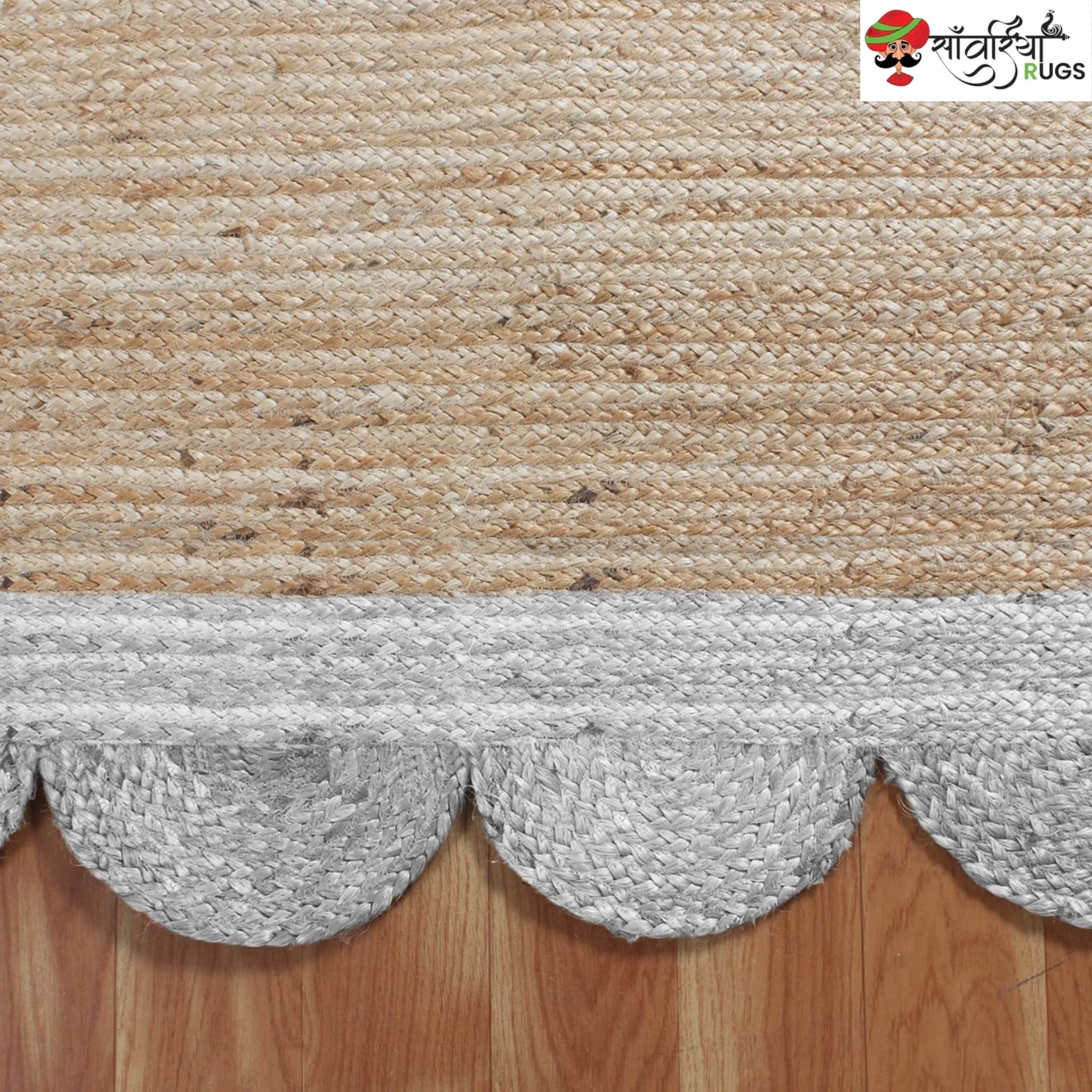 Braided Scalloped Edge Jute Rug – Natural Beige with Multicolor Border