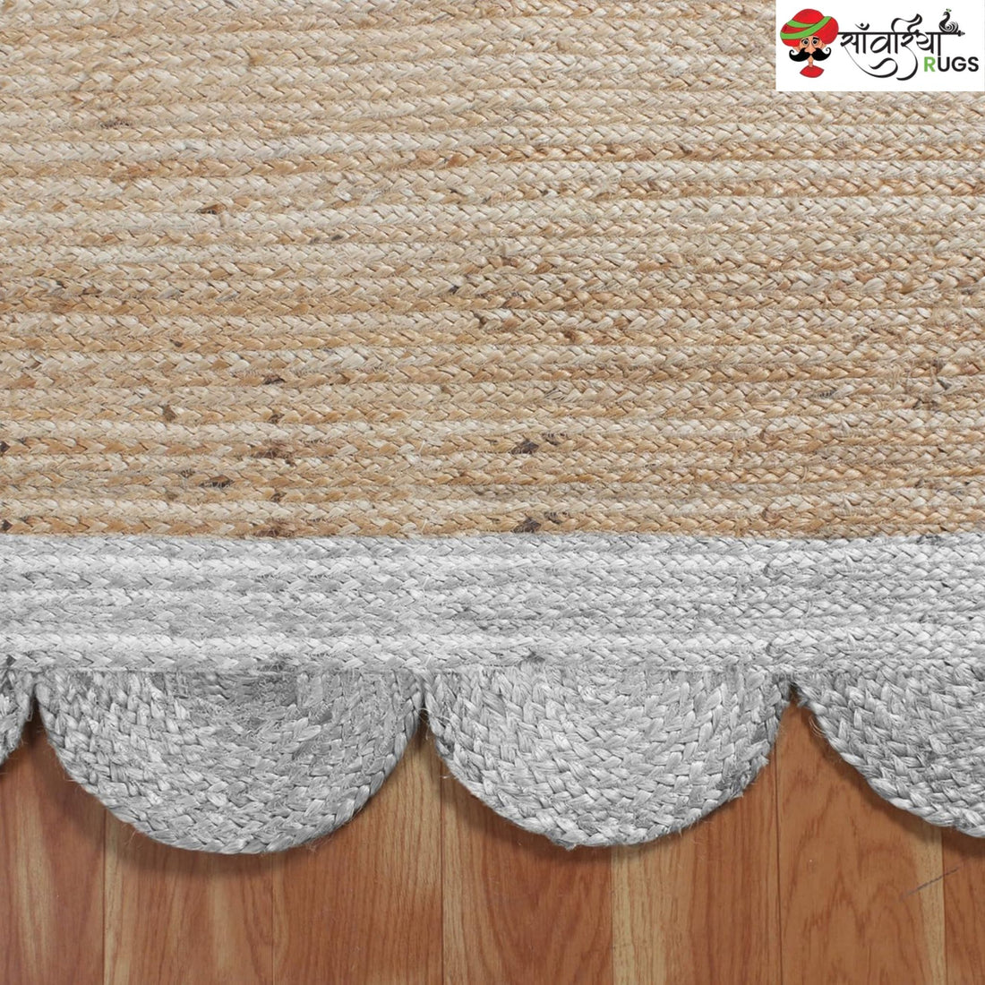 Braided Scalloped Edge Jute Rug – Natural Beige with Multicolor Border
