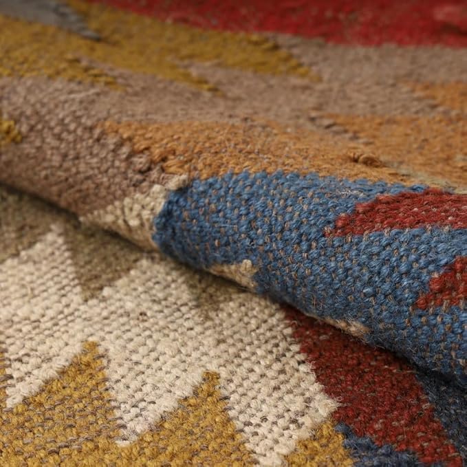 Handwoven Kilim Wool Jute Rug Geometric Pattern, Non-Slip, Versatile for Living, Bedroom & Kids Room