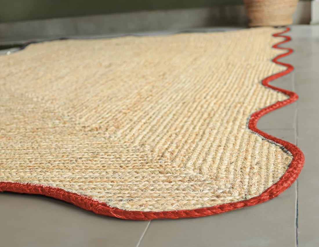 Handwoven Jute Wave Scalloped Rug, Bohemian Decorative Rug, Custom Rug, Durable Area Rug