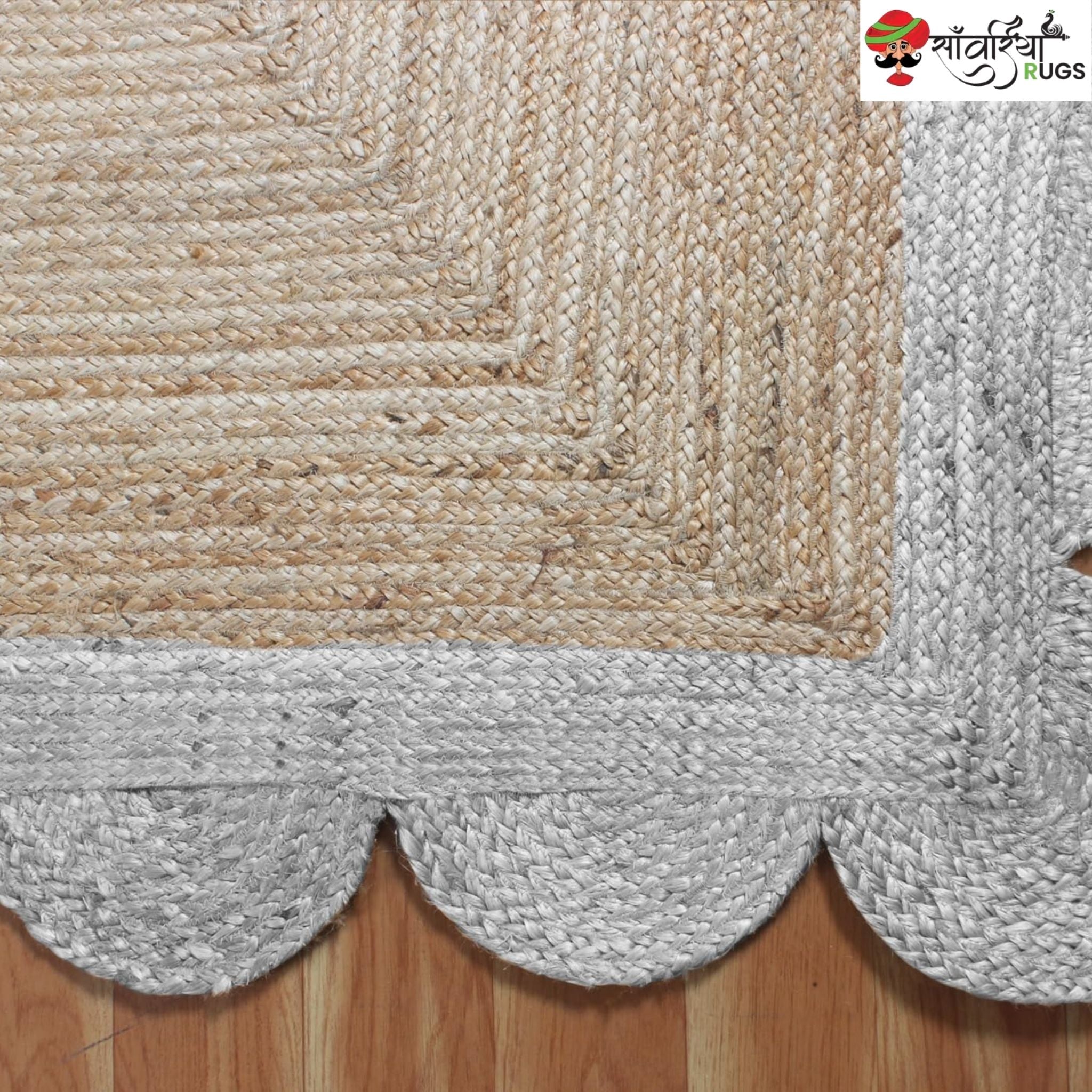 Braided Scalloped Edge Jute Rug – Natural Beige with Multicolor Border