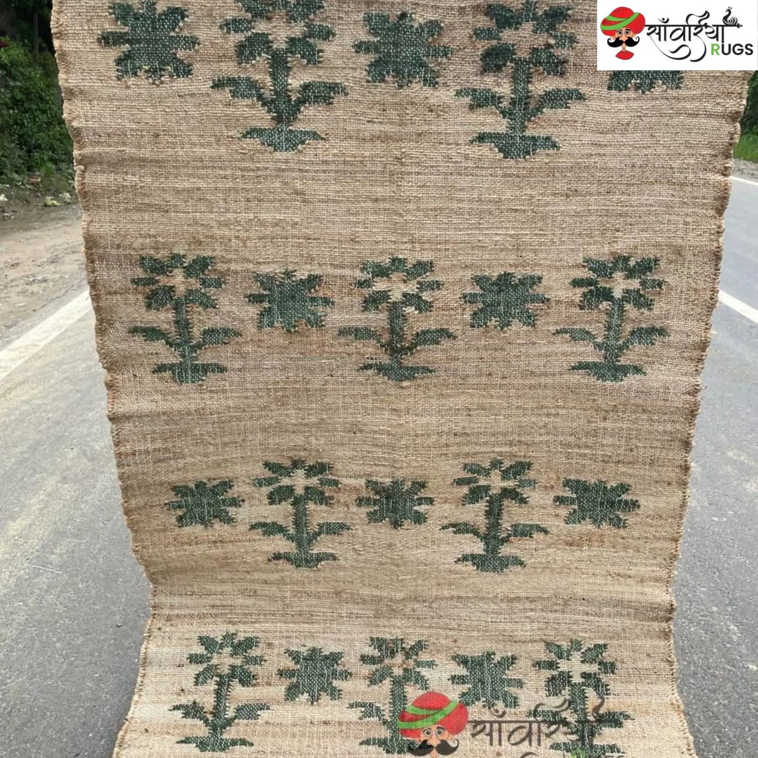 Green Leaf Stonewashed Cotton Jute Bohemian Rug