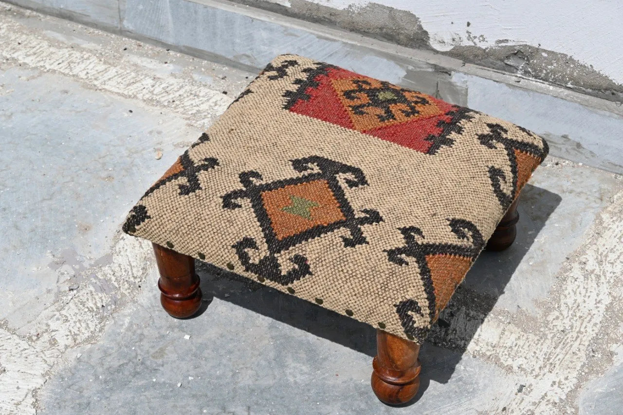 Handmade Southwestern Kilim Ottoman Footstool | Wool Jute Upholstered Tribal Accent Stool with Solid Wooden Legs for Living Room