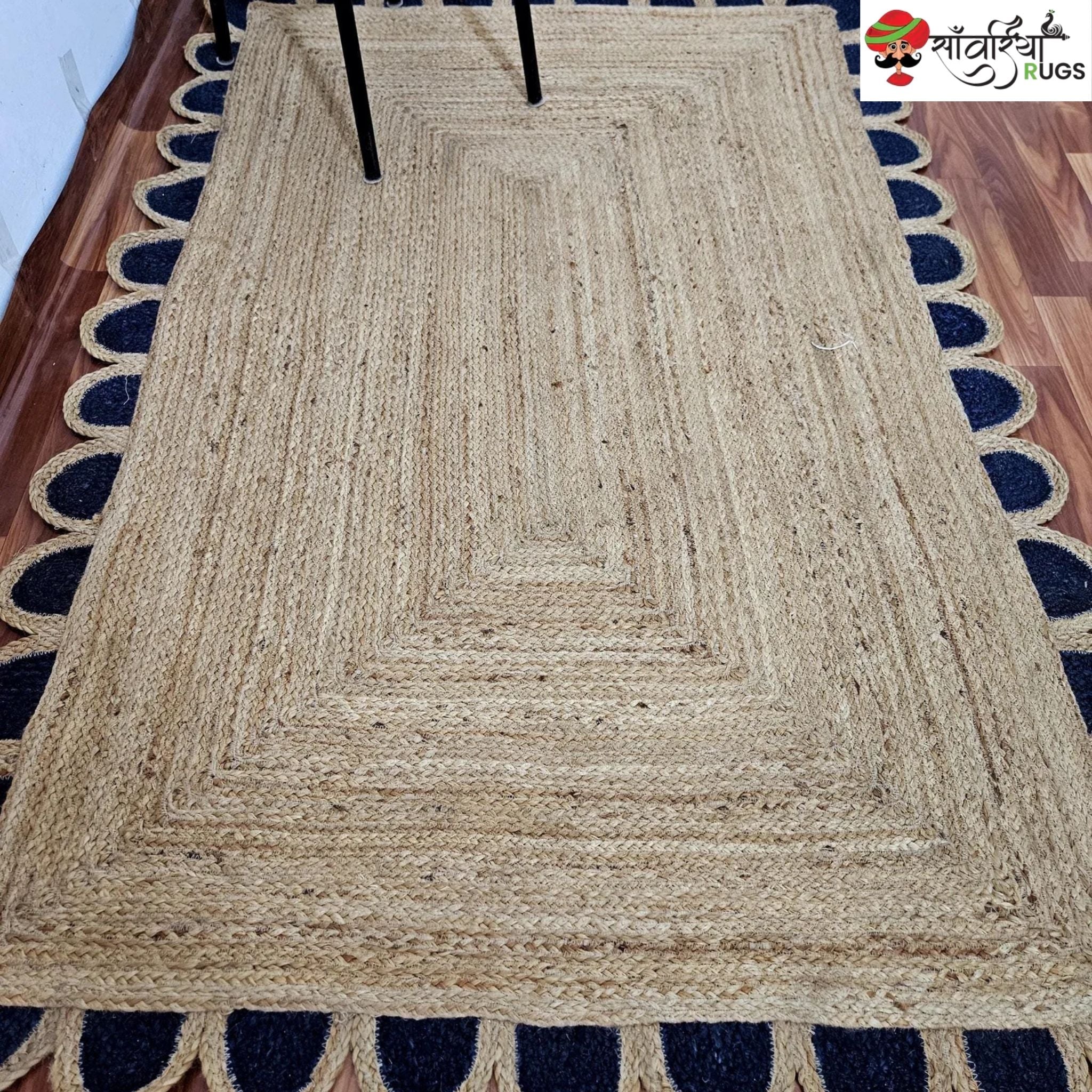 Handmade Natural Braided Jute Rug with Scalloped Border & Black Trim