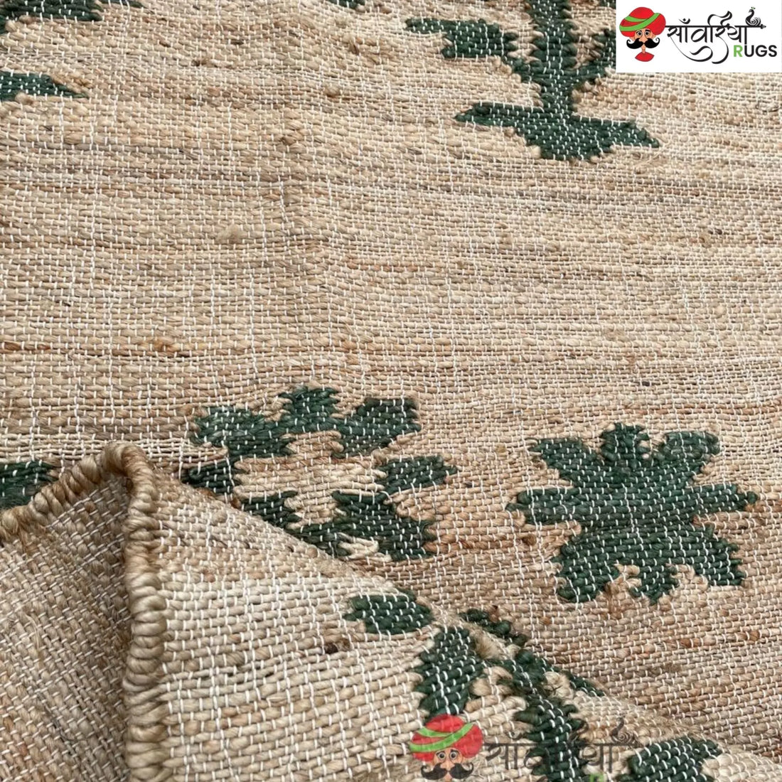 Green Leaf Stonewashed Cotton Jute Bohemian Rug