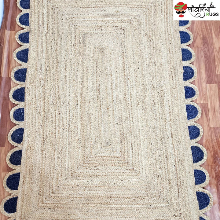 Handmade Natural Braided Jute Rug with Scalloped Border & Black Trim