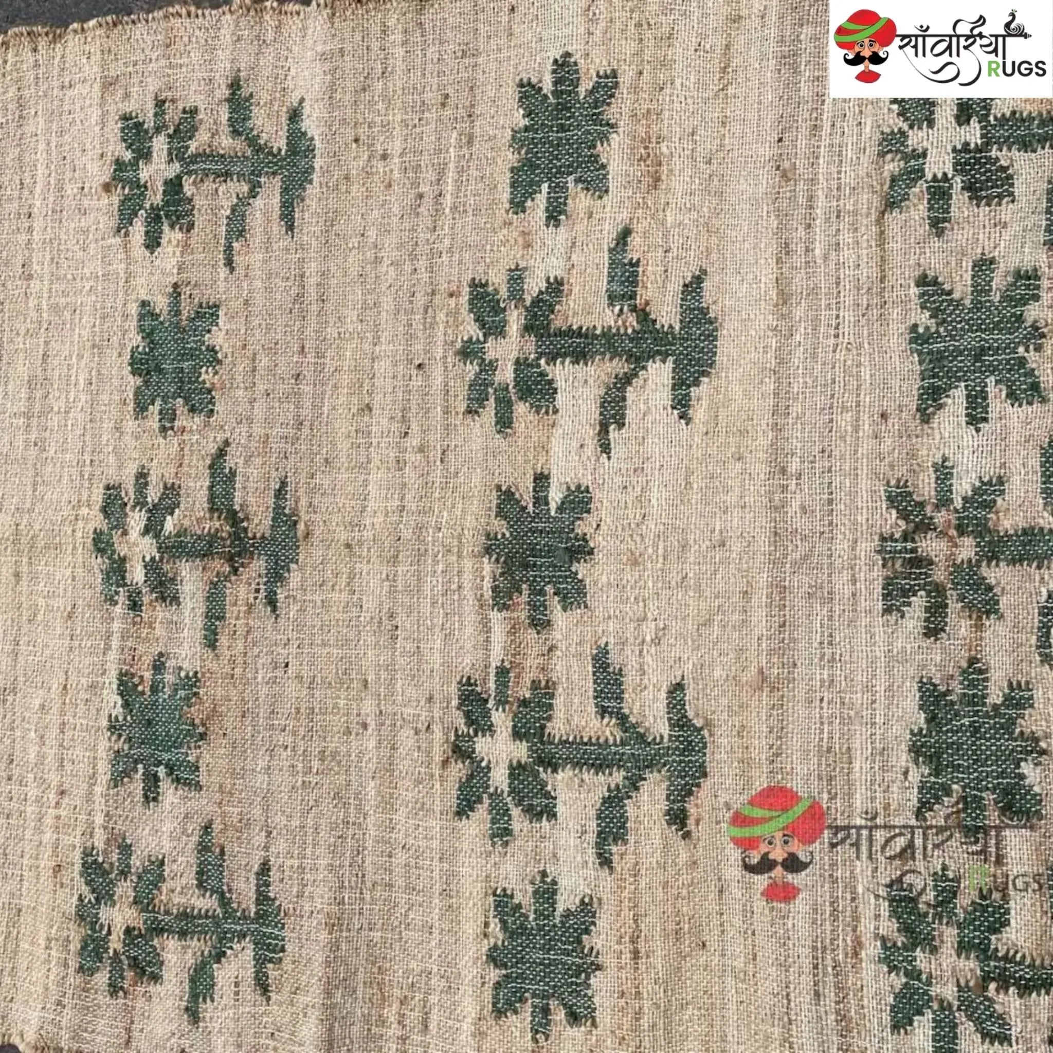 Green Leaf Stonewashed Cotton Jute Bohemian Rug