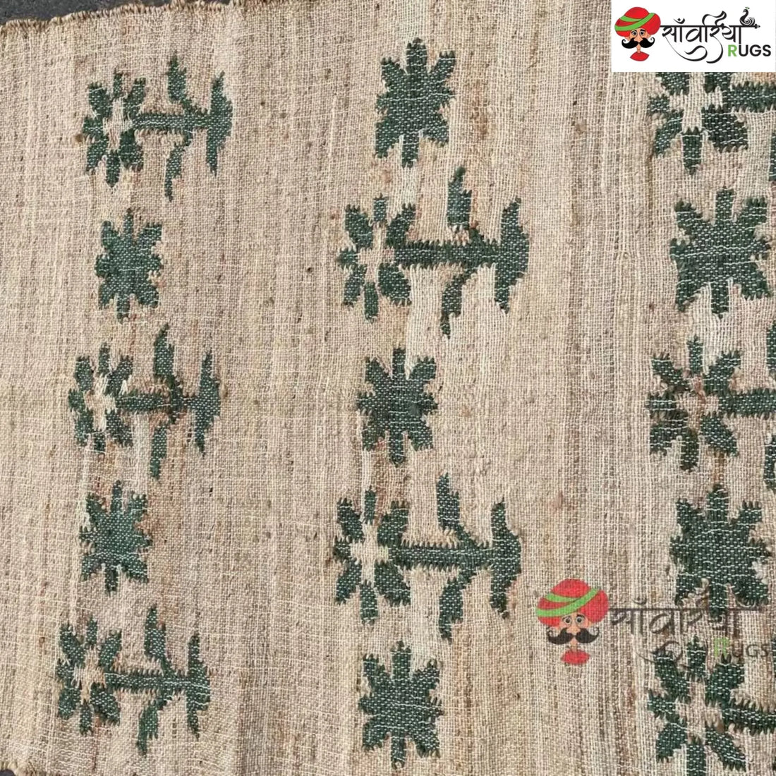 Green Leaf Stonewashed Cotton Jute Bohemian Rug