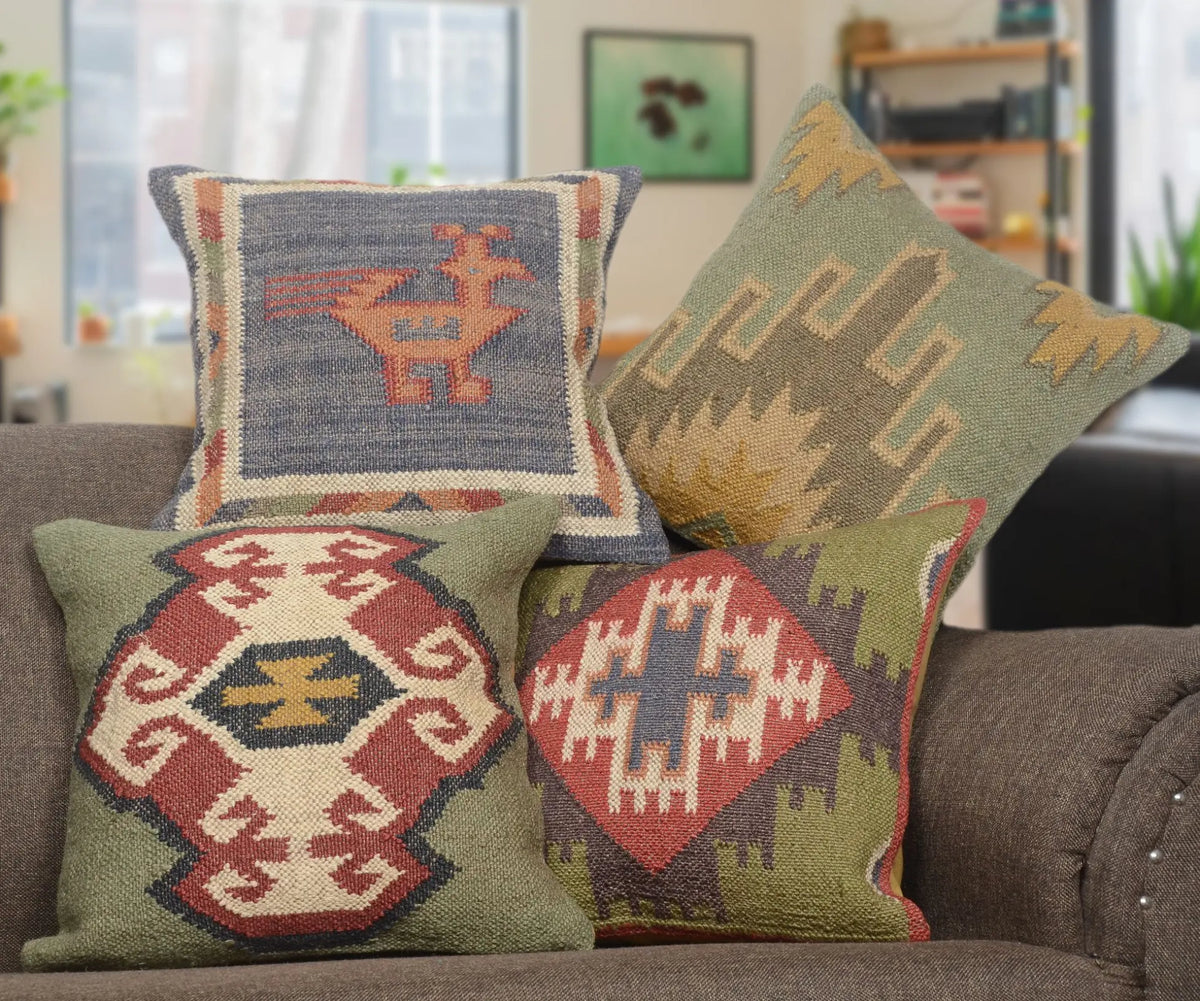 Vintage Wool And Jute Kilim Pillowcaes