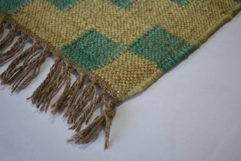 Handmade Teal Wool Jute Area Rug – Geometric Kilim Flatweave Rug with Fringe, Natural Beige Boho Decor