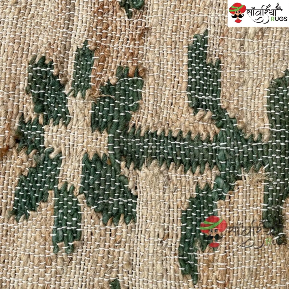 Green Leaf Stonewashed Cotton Jute Bohemian Rug