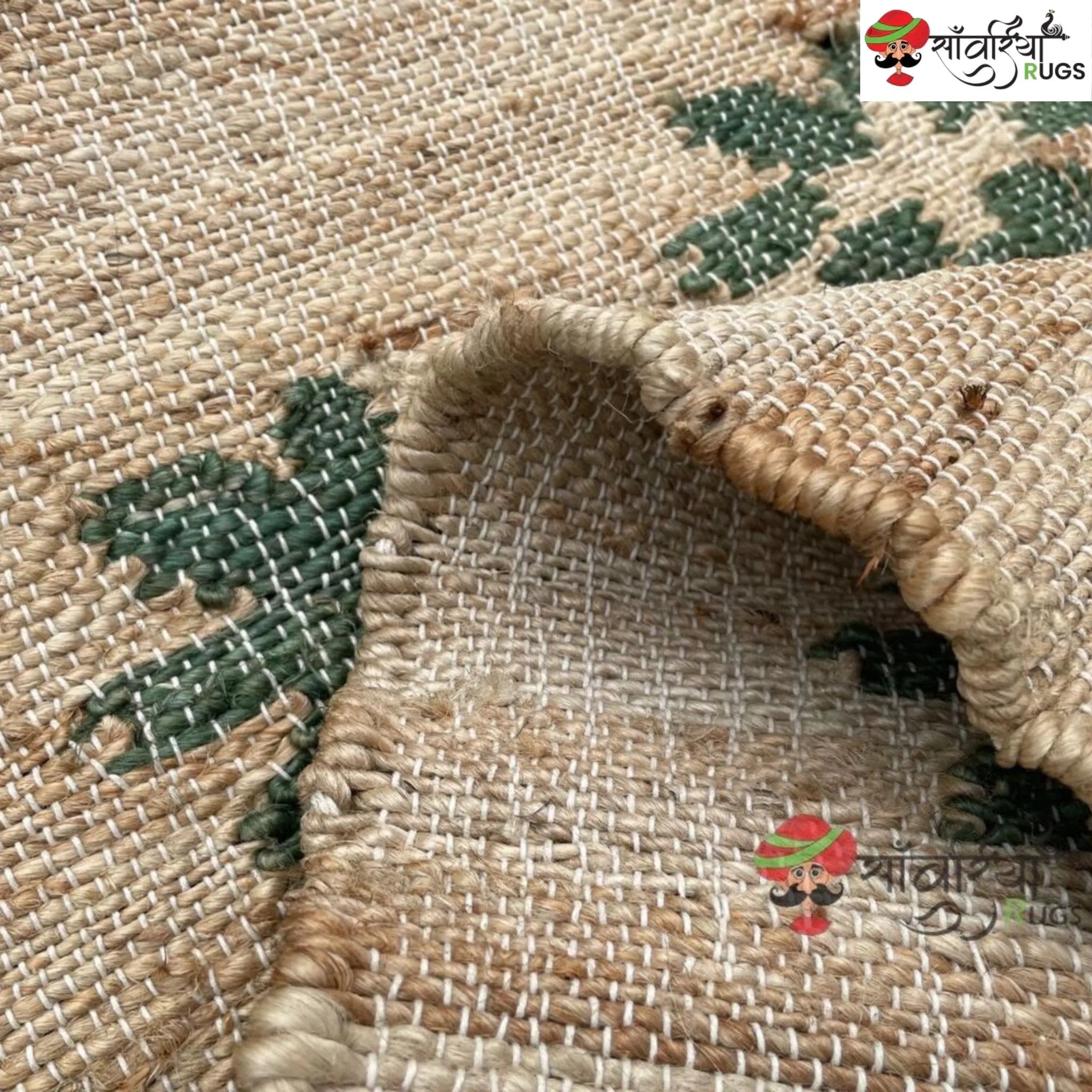 Green Leaf Stonewashed Cotton Jute Bohemian Rug