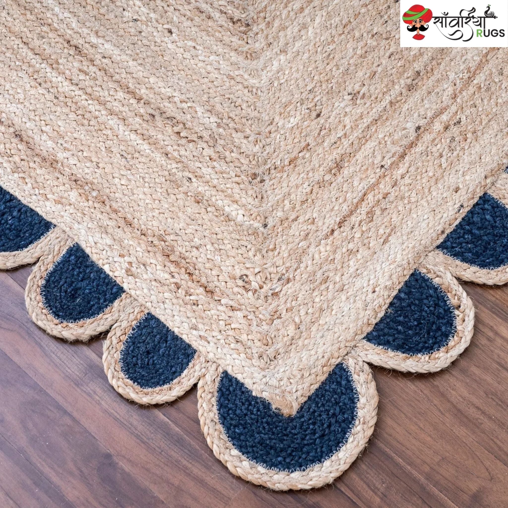 Handmade Natural Braided Jute Rug with Scalloped Border & Black Trim