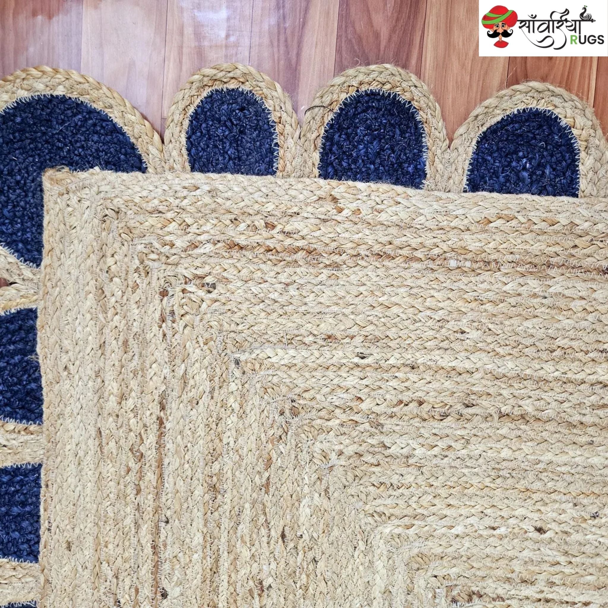 Handmade Natural Braided Jute Rug with Scalloped Border & Black Trim