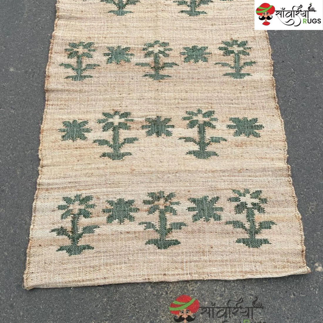 Green Leaf Stonewashed Cotton Jute Bohemian Rug