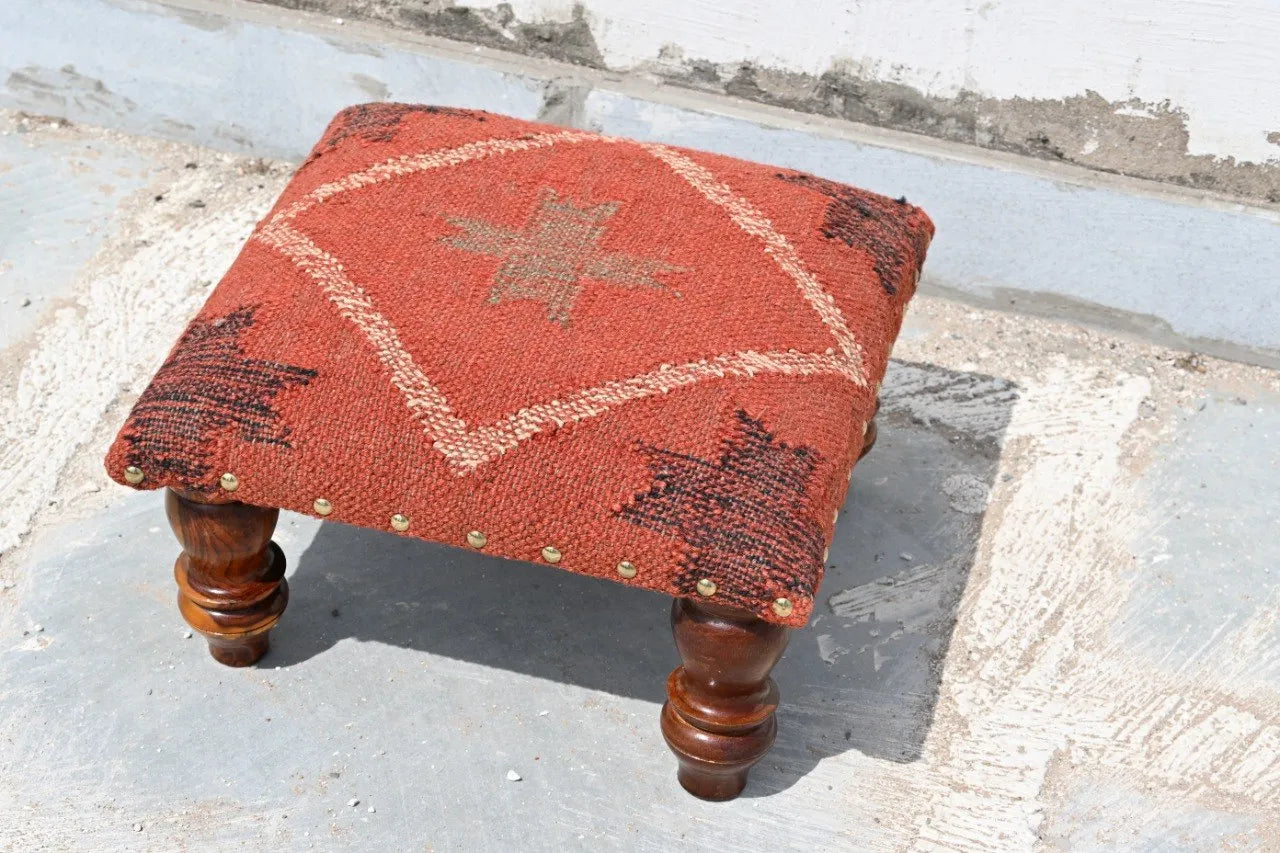 Handmade Terracotta Red Kilim Ottoman Footstool | Wool Jute Upholstered Tribal Accent Stool with Solid Wooden Legs