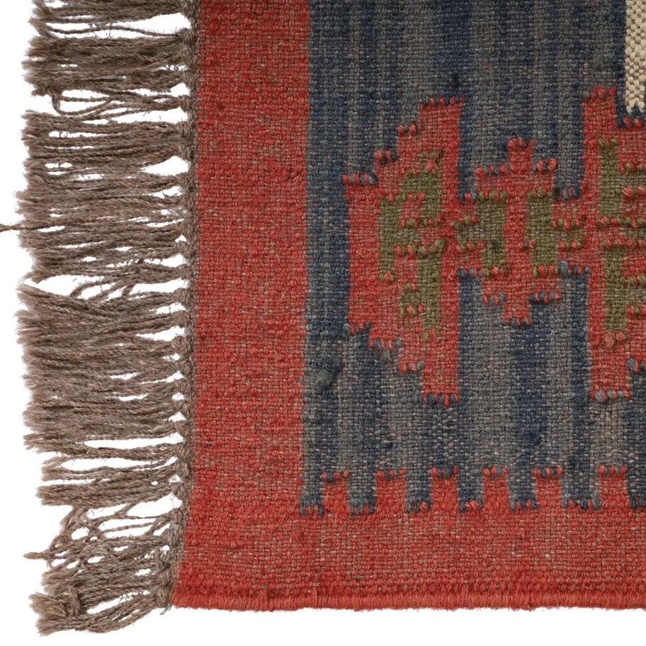 Traditional Rajasthani Wool Jute Kilim Rug – Handwoven Tribal Geometric Pattern in Rust, Mustard & Indigo