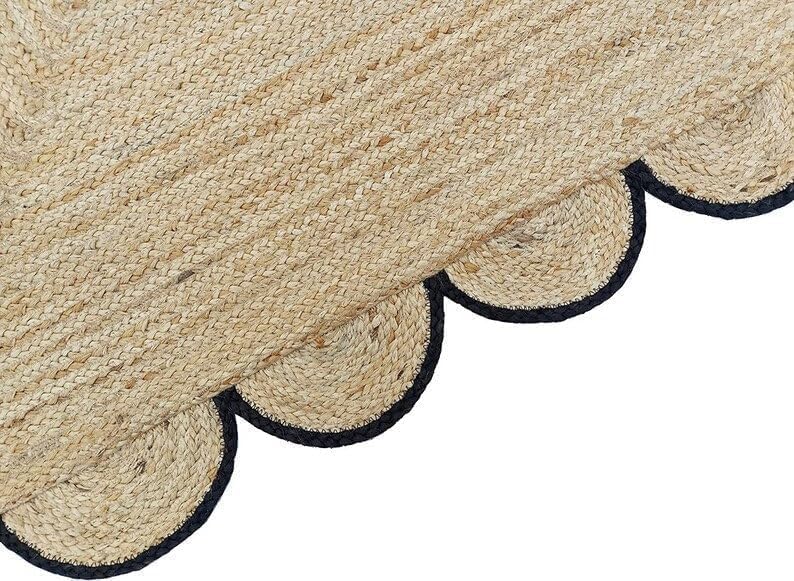 Handwoven Jute Rug – Scalloped Edge Rectangular Braided Decorative Rug
