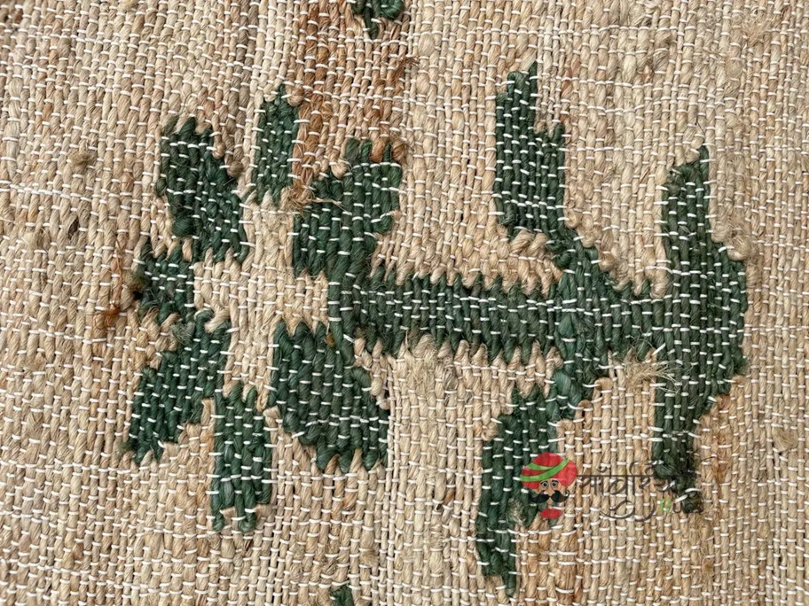 Rustic Natural Jute Flatweave Rug with Green Floral Motifs | Handwoven Eco Floor Accent for Hallway & Living Spaces