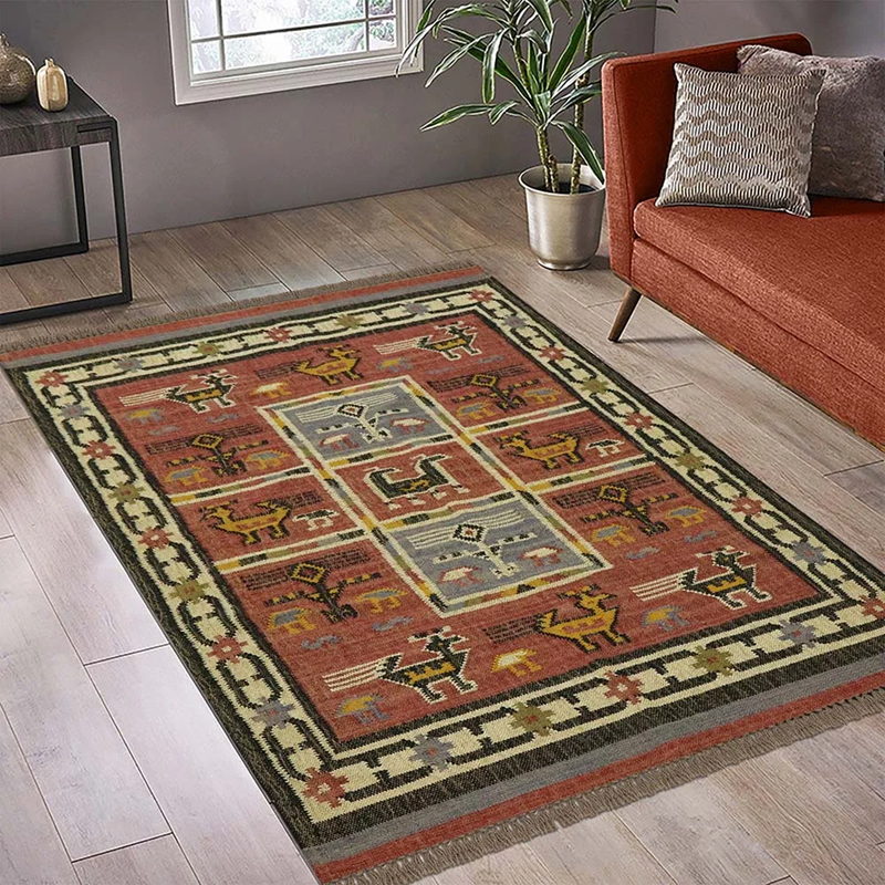 Handwoven Rajasthani Wool Jute Kilim Rug – Tribal Animal Motif Carpet in Rust Red, Mustard & Indigo 8X10 FEET