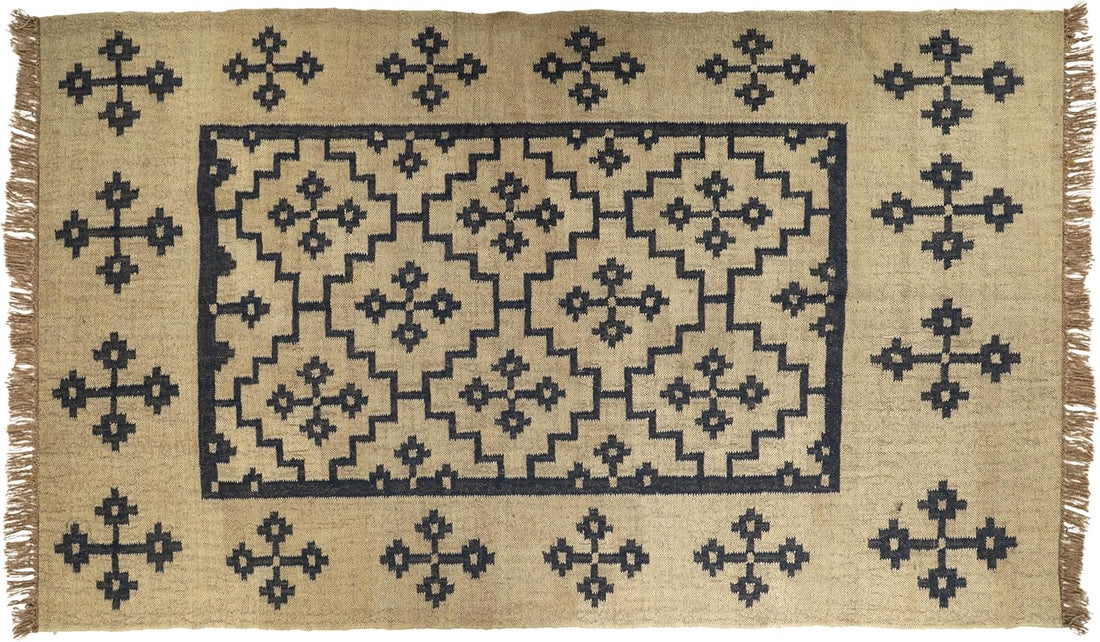 Handwoven Kilim Wool Jute Rug Geometric Pattern, Non-Slip, Versatile for Living, Bedroom & Kids Room