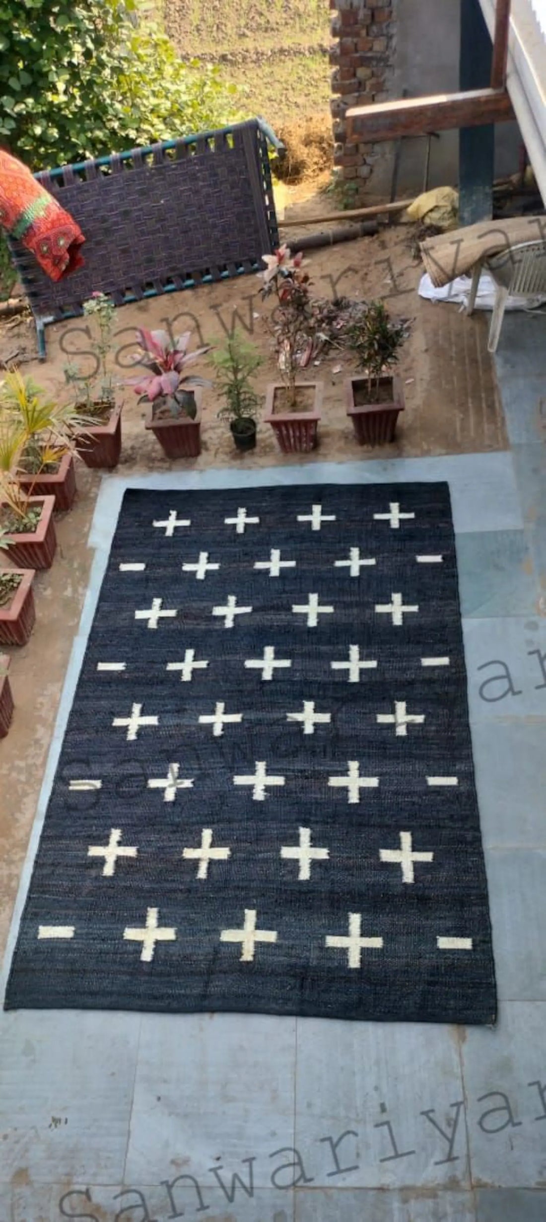 Handwoven Black Jute Area Rug – Plus Cross Design