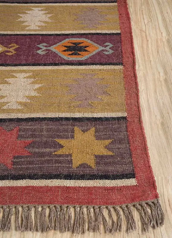 Handmade Wool Jute Area Rug – Southwestern Geometric Kilim Rug with Earthy Tribal Motifs & Fringe