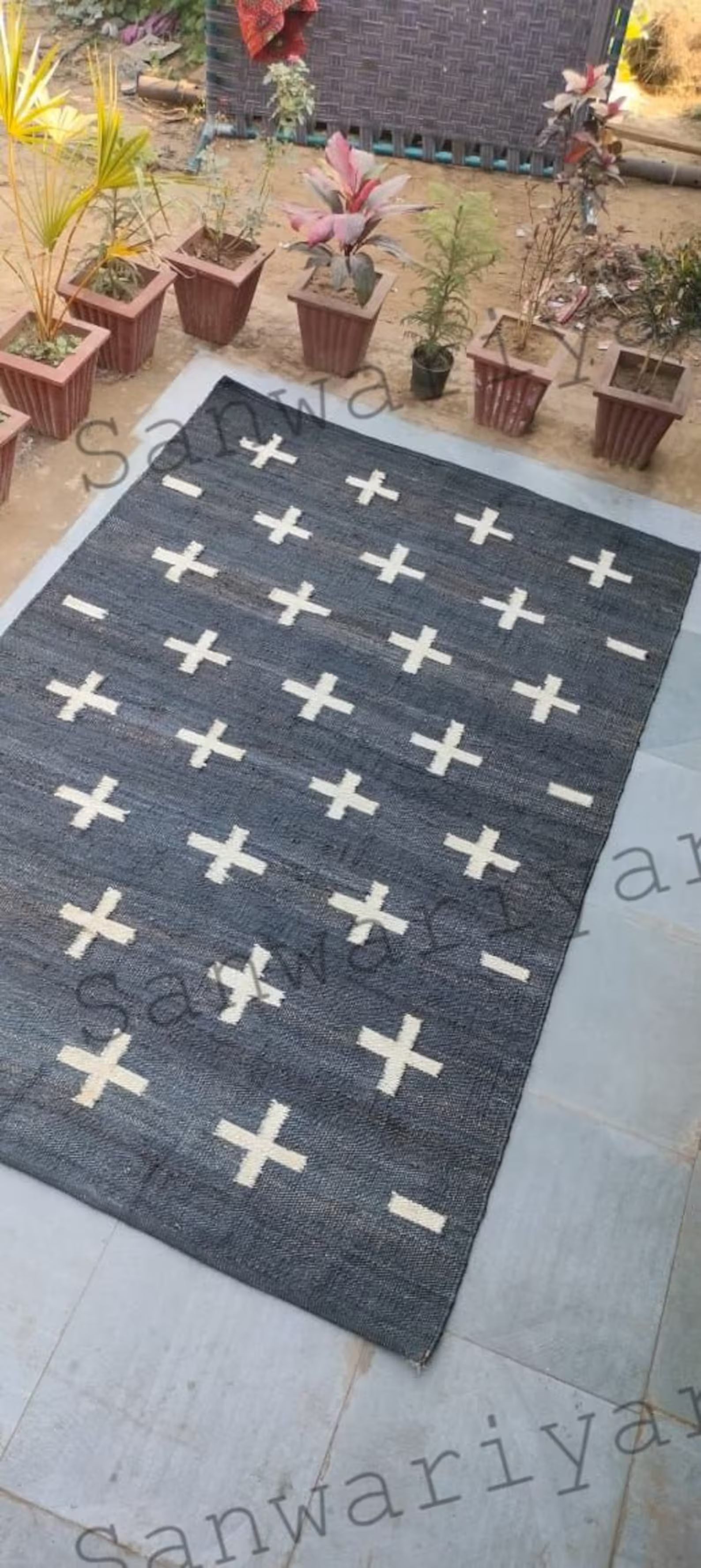 Handwoven Black Jute Area Rug – Plus Cross Design