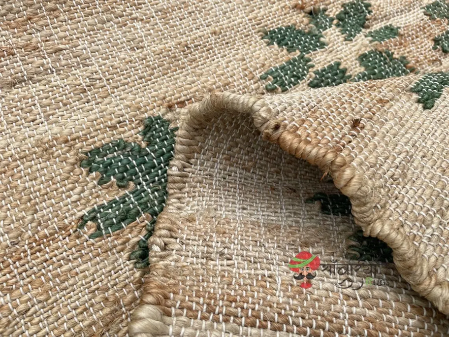 Rustic Natural Jute Flatweave Rug with Green Floral Motifs | Handwoven Eco Floor Accent for Hallway & Living Spaces