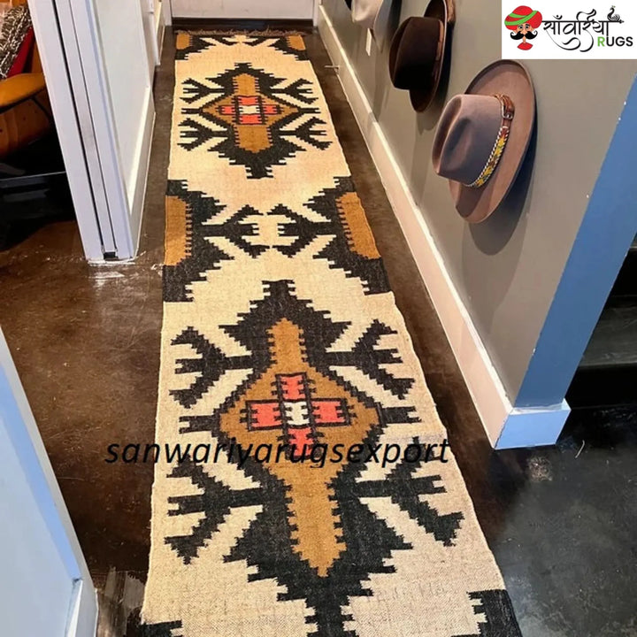 Kilim Runner Rug – Handwoven Wool Jute Traditional Geometric Dhurrie Rug
