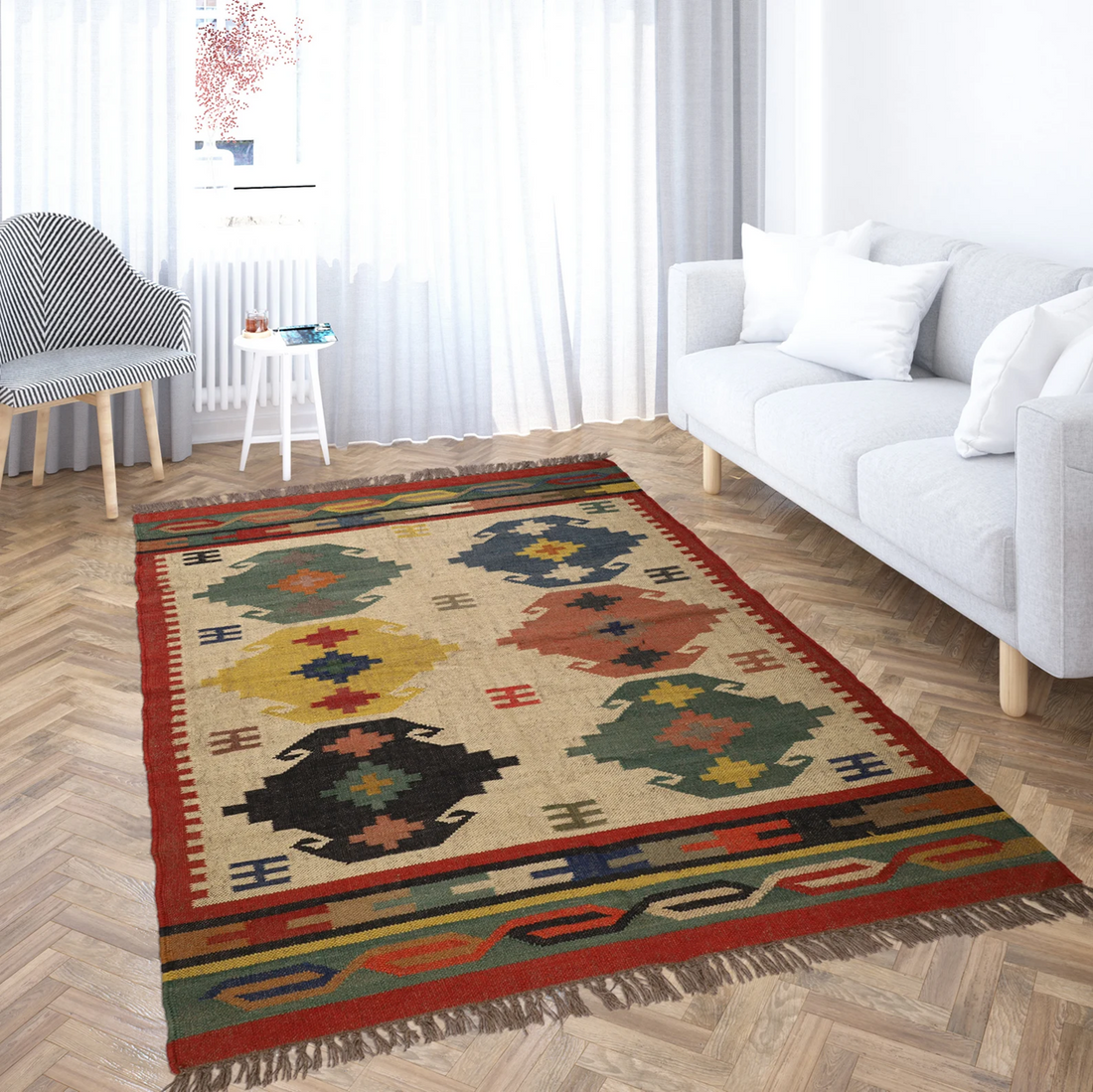 Handwoven Kilim Wool Jute Rug Geometric Pattern, Non-Slip, Versatile for Living, Bedroom & Kids Room