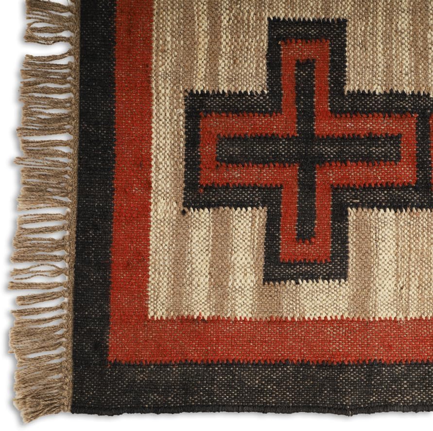 Handwoven Kilim Wool Jute Rug Geometric Pattern, Non-Slip, Versatile for Living, Bedroom & Kids Room