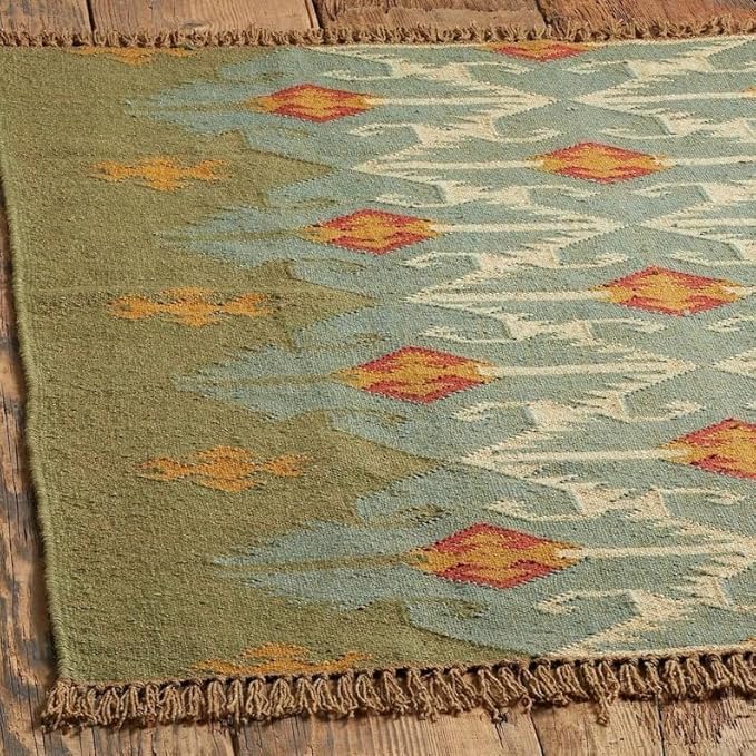 Export Kilim Sagrada Southwestern Geometric Area Rug, Green/Orange