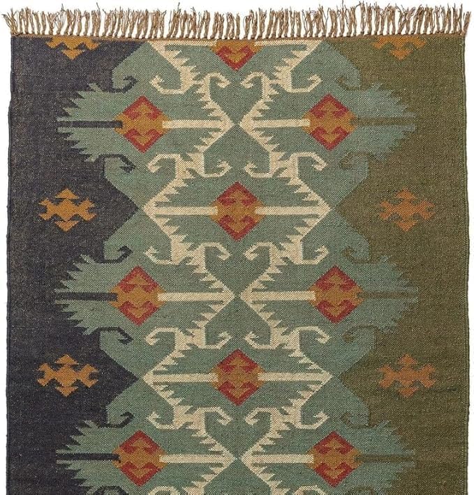 Export Kilim Sagrada Southwestern Geometric Area Rug, Green/Orange