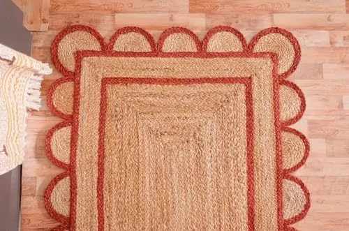 Scalloped Edge Hand Braided Jute Rectangle Rug with Custom Color Border
