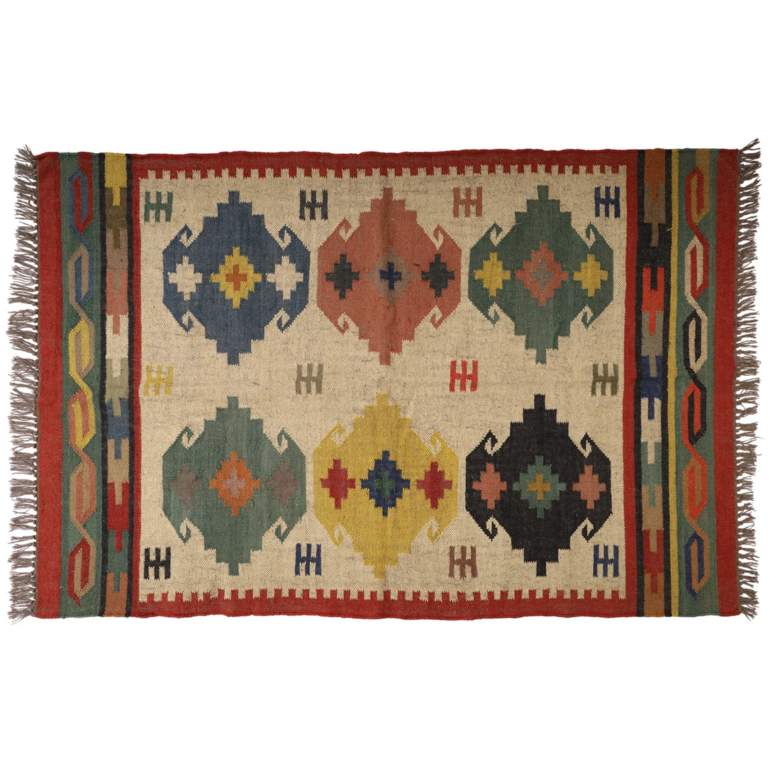 Handwoven Kilim Wool Jute Rug Geometric Pattern, Non-Slip, Versatile for Living, Bedroom & Kids Room