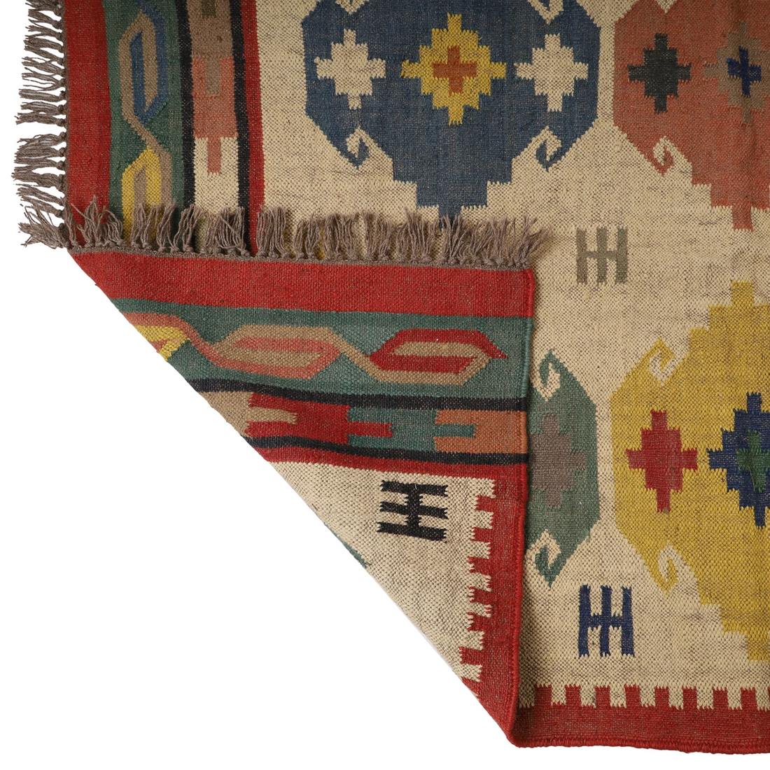 Handwoven Kilim Wool Jute Rug Geometric Pattern, Non-Slip, Versatile for Living, Bedroom & Kids Room