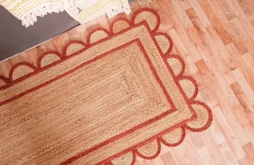 Scalloped Edge Hand Braided Jute Rectangle Rug with Custom Color Border