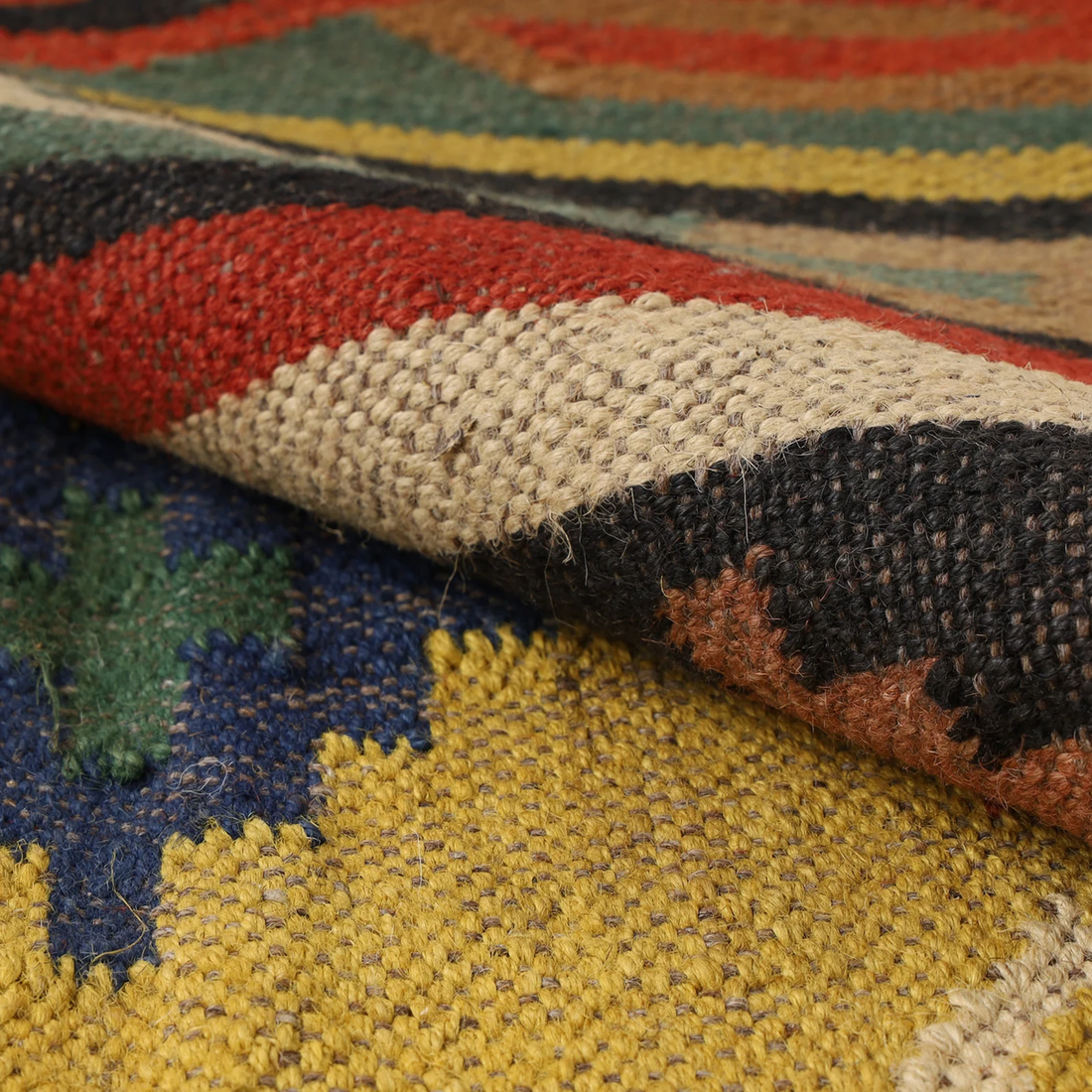 Handwoven Kilim Wool Jute Rug Geometric Pattern, Non-Slip, Versatile for Living, Bedroom & Kids Room