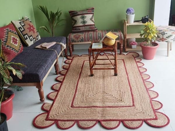Scalloped Edge Hand Braided Jute Rectangle Rug with Custom Color Border