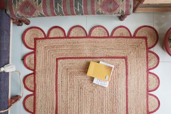 Scalloped Edge Hand Braided Jute Rectangle Rug with Custom Color Border