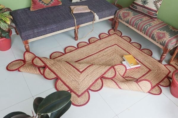 Scalloped Edge Hand Braided Jute Rectangle Rug with Custom Color Border