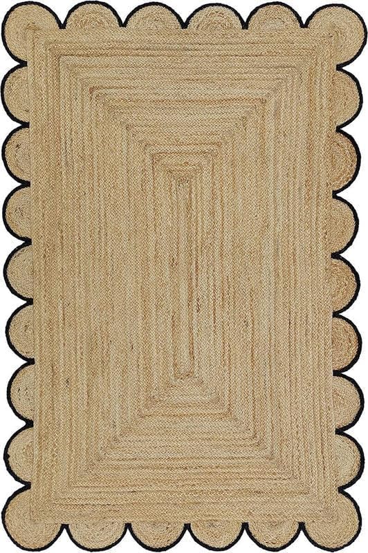 Handwoven Jute Rug – Scalloped Edge Rectangular Braided Decorative Rug