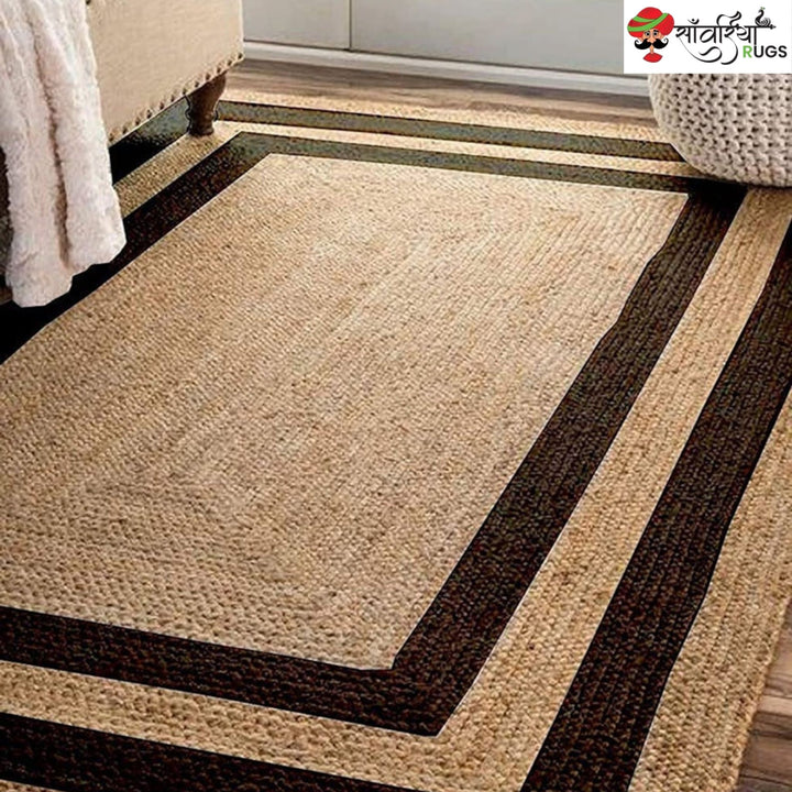 Handwoven Jute Rug with Framed Border – Black & White Area Rug