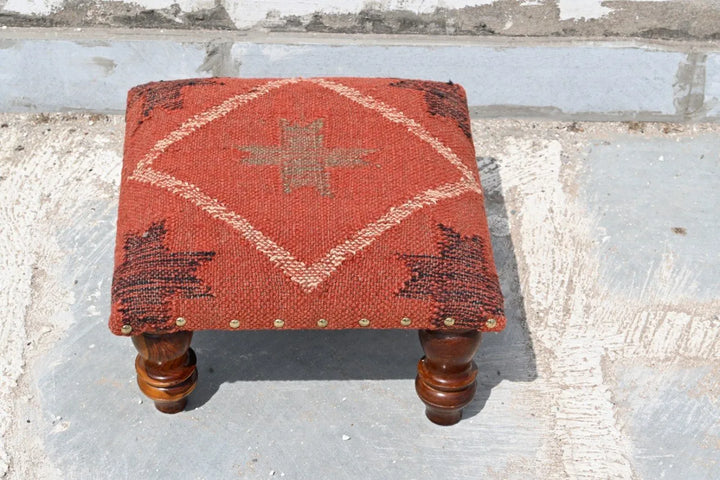 Handmade Terracotta Red Kilim Ottoman Footstool | Wool Jute Upholstered Tribal Accent Stool with Solid Wooden Legs