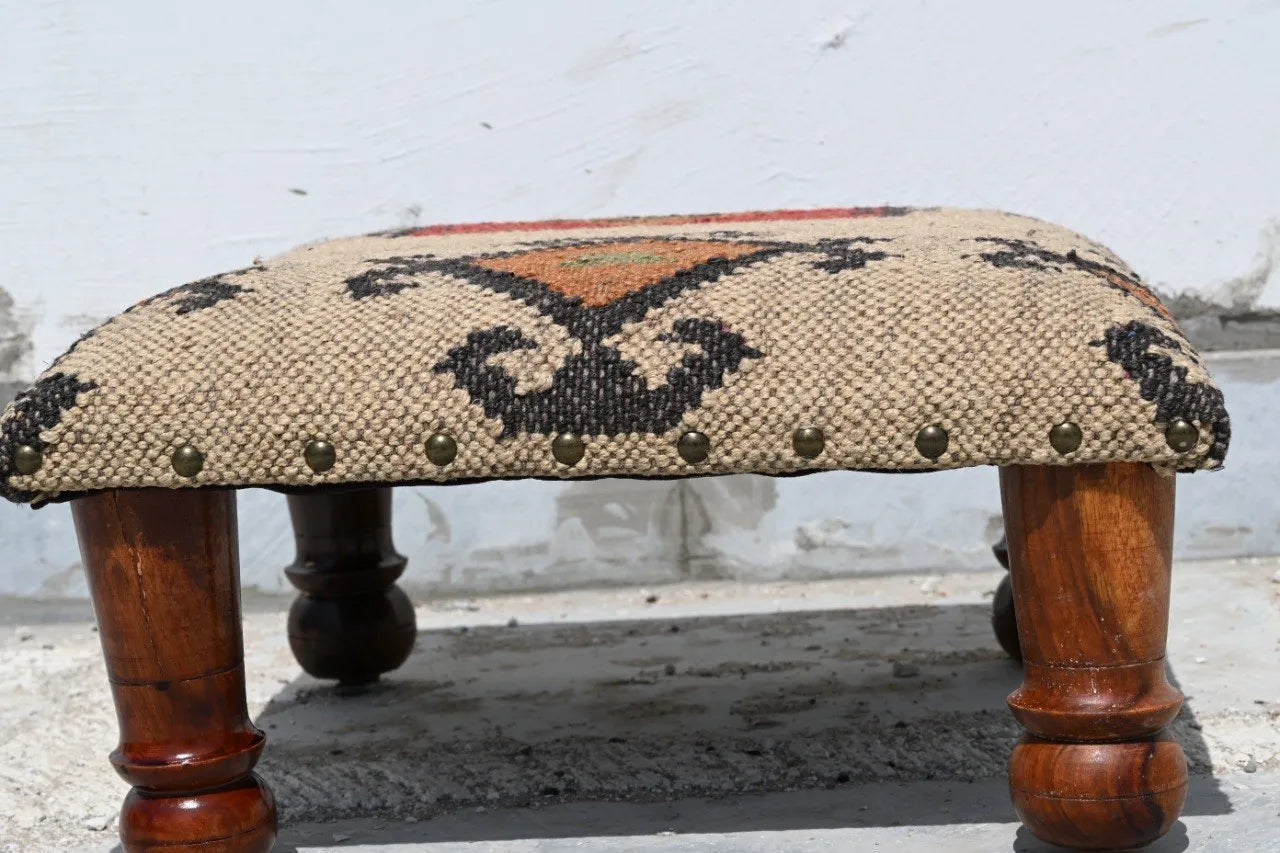 Handmade Southwestern Kilim Ottoman Footstool | Wool Jute Upholstered Tribal Accent Stool with Solid Wooden Legs for Living Room