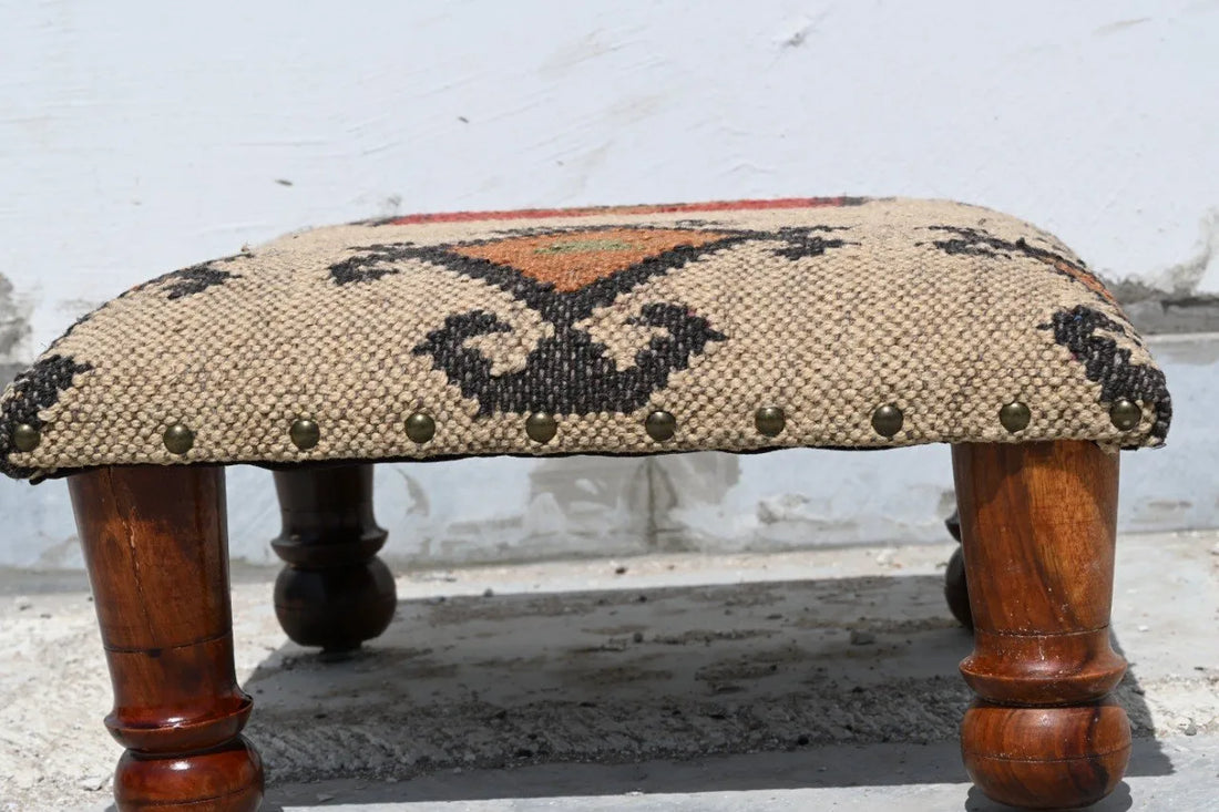 Handmade Southwestern Kilim Ottoman Footstool | Wool Jute Upholstered Tribal Accent Stool with Solid Wooden Legs for Living Room