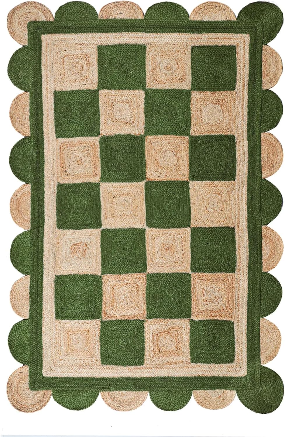 Handmade Jute Scalloped Area Rug – Bohemian Braided Rug for Home Décor, Custom Size Textured Rug
