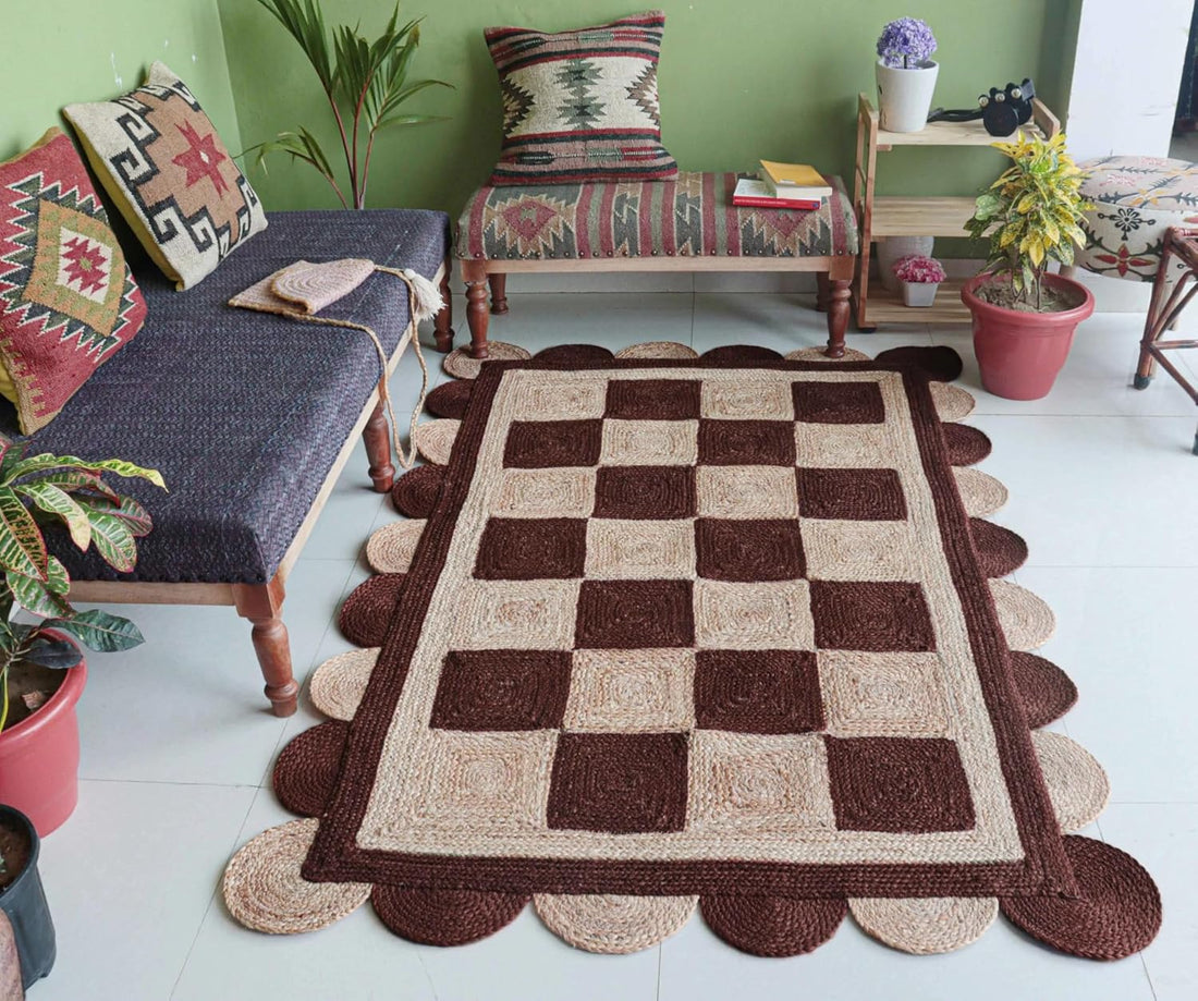 Handmade Jute Scalloped Area Rug – Bohemian Braided Rug for Home Décor, Custom Size Textured Rug